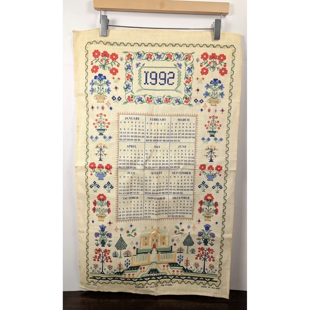 Vintage 1992 Irish Linen Calendar Tea Towel Ulster Sampler Floral Made in Irelan